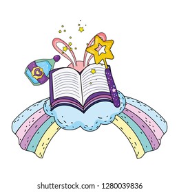 magic potion bottle with wand and book