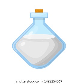 Magic potion in bottle with white liquid isolated on white background. Chemical or alchemy elixir. Vector illustration for any design.