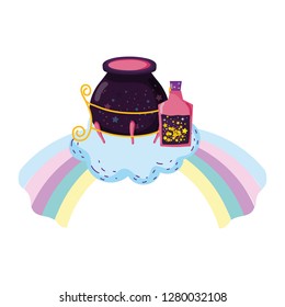 magic potion bottle with witch cauldron in rainbow