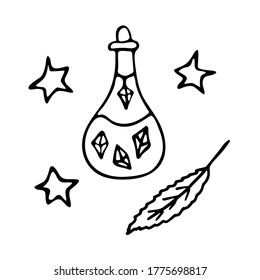 Magic potion in a bottle, witchcraft. Magic elixir. Ruby-shaped medallion. Stars and feather. Black and white vector illustration in doodle style