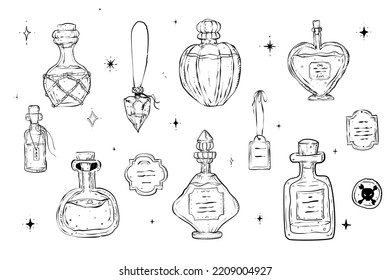 Magic potion bottle for witches doodle icon set for halloween card Illustration