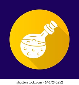 Magic potion bottle yellow flat design long shadow glyph icon. Alchemy and apothecary liquid. Magical elixir, drink, wizard poison in glass flask. Witchcraft spell. Vector silhouette illustration