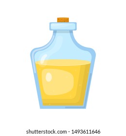 Magic potion in bottle with yellow liquid isolated on white background. Chemical or alchemy elixir. Vector illustration for any design.