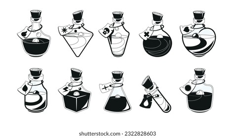 Magic Potion Bottles Black Icons Set. Monochrome Vials Each Crafted With Intricate Details. Alchemical Mystique Flasks