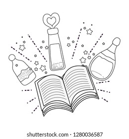 magic potion bottles with book