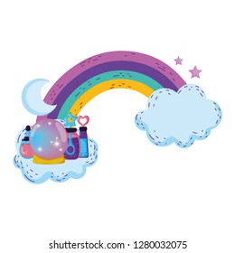 magic potion bottles with crystal ball in rainbow