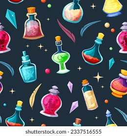 magic potion bottles with elixir seamless pattern. toxins poison, fantasy glass flasks with colorful liquid plugs, ui gaming assets. vector cartoon realistic flasks