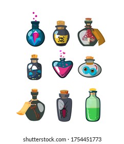 Magic potion bottles flat icon set. Cartoon fantasy vials with poison, antidote, elixir isolated vector illustration collection. Alchemy and chemistry concept