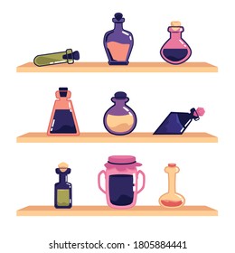 Magic potion bottles or glass flasks with poison standing on shelves, cartoon vector illustration isolated on white background. Alchemy magical liquid or elixir.