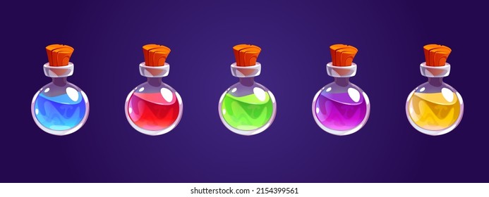 Botellas mágicas de poción, vasijas de vidrio con elixir de alquimia o veneno. Iconos vectoriales de dibujos animados conjuntos de viales redondos con corchos de madera con diferentes pociones de color líquido aislados en el fondo