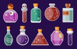 Magic potion bottles icon set for fantasy RPG game. Magician flasks and jars . Alchemy magic beverage elixir or poison icons. Gaming assets design elements.