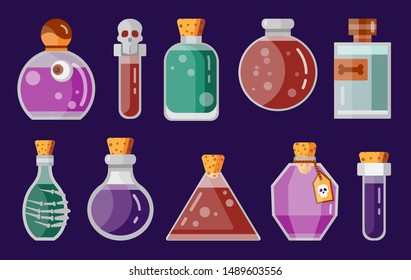 Magic potion bottles icon set for fantasy RPG game. Magician flasks and jars . Alchemy magic beverage elixir or poison icons. Gaming assets design elements.