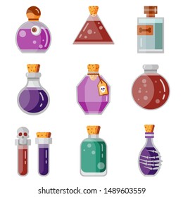 Magic potion bottles icon set for fantasy RPG game. Magician flasks and jars . Alchemy magic beverage elixir or poison icons. Gaming assets design element isolated on white background.