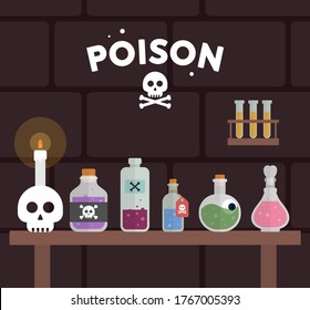 Magic potion bottles icon set. jars, Alchemy magic beverage elixir or poison. flasks, table. candle, Magician interior with magic accessories. fantasy, Witch room, Halloween. Flat vector illustration