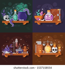 Magic potion bottles with ingredients, spell books and witch stuff. Alchemist or wizard laboratory scenes with glass elixirs or poison drinks, cauldron, sculls and candles. Alchemistry game concepts.