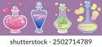 Magic potion bottles set isolated on background. Contemporary vector cartoon illustration of glass flasks with pink love, shimmering blue, toxic green, yellow medicine liquid, heart bubbles in air