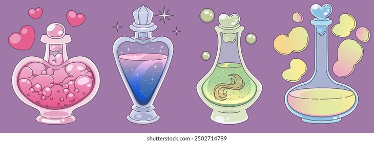 Magic potion bottles set isolated on background. Contemporary vector cartoon illustration of glass flasks with pink love, shimmering blue, toxic green, yellow medicine liquid, heart bubbles in air