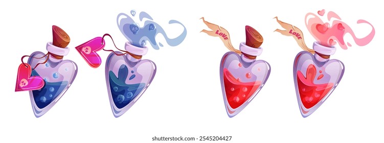 Magic potion bottles set isolated on white background. Vector cartoon illustration of corked and open glass heart shape vials with red love elixir and blue poison antidote, skull bubbles, vapor in air