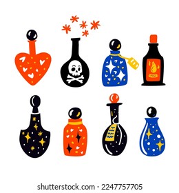 Botellas mágicas de poción. Poción de amor, veneno de la muerte en diferentes botellas. Colección de ilustraciones vectoriales aisladas en fondo blanco