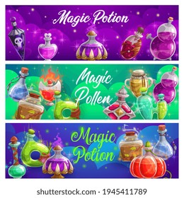 Magic potion bottles vector banners, magical elixir or pollen in glass flasks. Fairy dust, love or death potion glowing liquid with enchanting sparkling. Cartoon witch poison bottles for spell cards