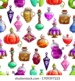 Magic potion bottles vector seamless pattern. Halloween background of glass bottles and flasks with poison or elixir drinks. Witch, wizard or evil magician jars with corks, skulls and claws