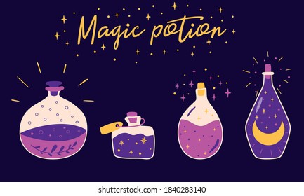 Magic potion bottles Violet bottle jar set with moon, stars, herb inside. Cute kids witchcraft elements Vector