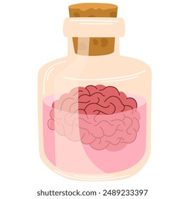 Magic potion with a brain. Alchemist bottle with elixir, poison, antidote. Vector illustration magical laboratory ingredients in battle for poisoning
 
