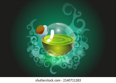 Magic potion. Cartoon game interface element, alchemist bottles with elixir or potion. Fantasy game vector object, user interface icon.