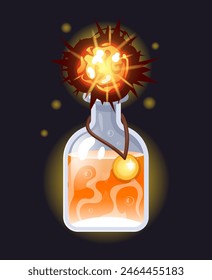 Magic potion. Elixir bottle. Fire explosion. Glass vial. Danger explosive substance. Flammable chemical liquid. Witch alchemy. Magical laboratory. Flame burst. Shiny flask. Vector witchcraft object