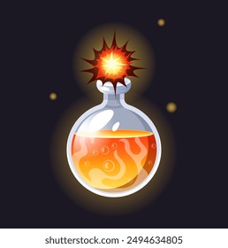 Magic potion. Elixir bottle. Fire explosion. Glass vial. Danger explosive substance. Flammable chemical liquid. Witch alchemy. Magical laboratory. Flame burst. Shiny flask. Vector witchcraft object