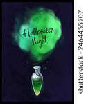 Magic potion. Elixir bottle. Halloween holiday. Mystery green liquid. Magical poison drink. Glass vial with toxic smoke. Wizard alchemy lab. Fantasy night. Poisonous steam. Vector witchcraft phial