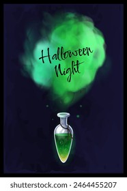 Magic potion. Elixir bottle. Halloween holiday. Mystery green liquid. Magical poison drink. Glass vial with toxic smoke. Wizard alchemy lab. Fantasy night. Poisonous steam. Vector witchcraft phial