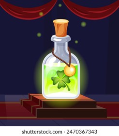 Magic potion. Elixir bottle. Lucky drink. Shamrock leaf. Glass vial on pedestal. Wizard alchemy lab. Fantasy fortune beverage jar. Game asset. Green substance. Vector witchcraft shiny phial with cork