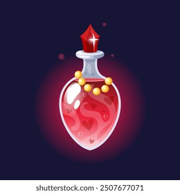 Magic potion. Elixir bottle. Mystery purple liquid. Magical poison. Fairy drink. Glass vial. Shiny gemstone. Wizard chemistry. Game asset. Alchemy lab. Fantasy beverage jar. Vector witchcraft phial