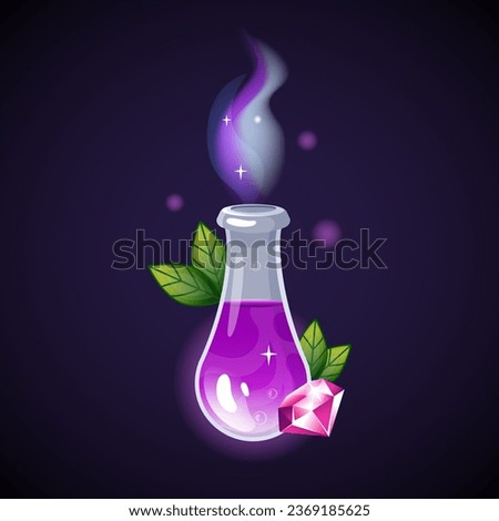 Magic potion. Elixir bottle. Mystery purple liquid. Leaves and shiny diamond. Poison drink. Glass vial with steam. Magical laboratory. Fantasy beverage flask. Vector witchcraft object