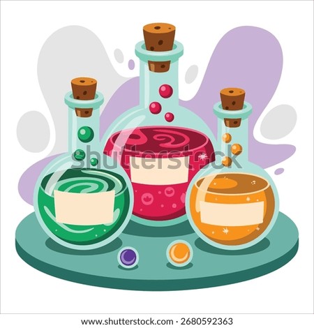 magic potion flask collection with colorful liquids vector art isolated on white background