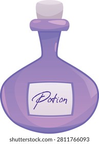 Magic potion flask vector flat illustration. Cartoon isolated purple glass bottle with a corkwood plug and elixir. Witch poison game asset, alchemist apothecary vial