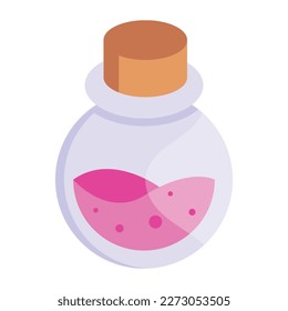 Magic potion in a glass bottle with cork, flat icon