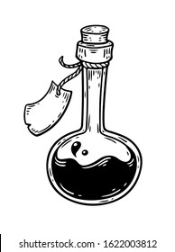 Magic Potion, Glass Bottle Engraving Vector Illustration. Magic Potion Occult Attribute For Witchcraft With Paper Label.