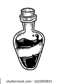 Magic Potion, Glass Bottle Engraving Vector Illustration. Magic Potion Occult Attribute For Witchcraft With Paper Label.