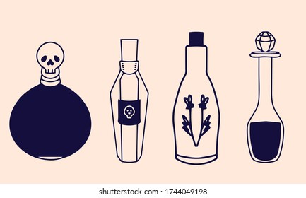 Magic potion, glass bottle engraving vector illustration. Magic potion occult attribute for witchcraft.