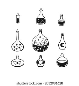 Magic potion, glass bottle engraving vector illustration. Magic potion occult attribute for witchcraft.