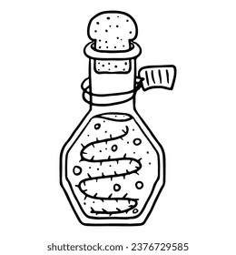 Magic potion in glass bottle. Hand drawn doodle style. Vector illustration isolated on white. Coloring page.