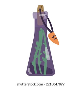 Magic potion in glass bottle vector illustration isolated on white.