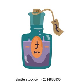 Magic potion in glass bottle vector illustration isolated on white.