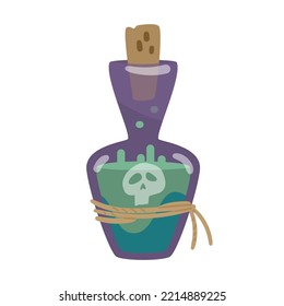 Magic potion in glass bottle vector illustration isolated on white.