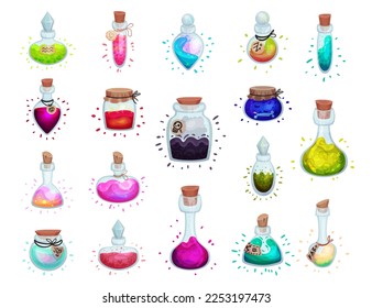 Magic Potion Glass Corked Bottles as Alchemist Liquids Big Vector Set