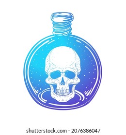 Magic potion: gradient blue bottle with moon and stars inside. Vector illustration isolated on white. Spirituality, occultism, chemistry, magic tattoo concept.
