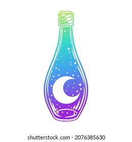Magic potion: gradient bottle and moon   stars inside  Vector illustration isolated white  Spirituality  occultism  chemistry  magic tattoo concept  Halloween  astrological elements 