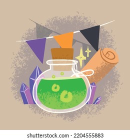 magic potion Halloween freehand graphic, concept crayon art, and vector lines.